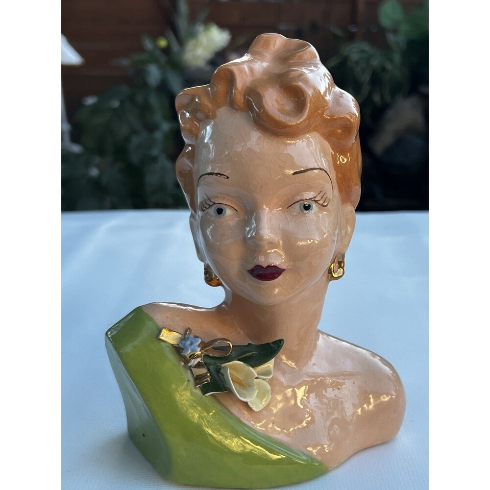 Vintage 1950s Glazed Ceramic Lady Bust Figurine Head Statue MCM Gold Earrings